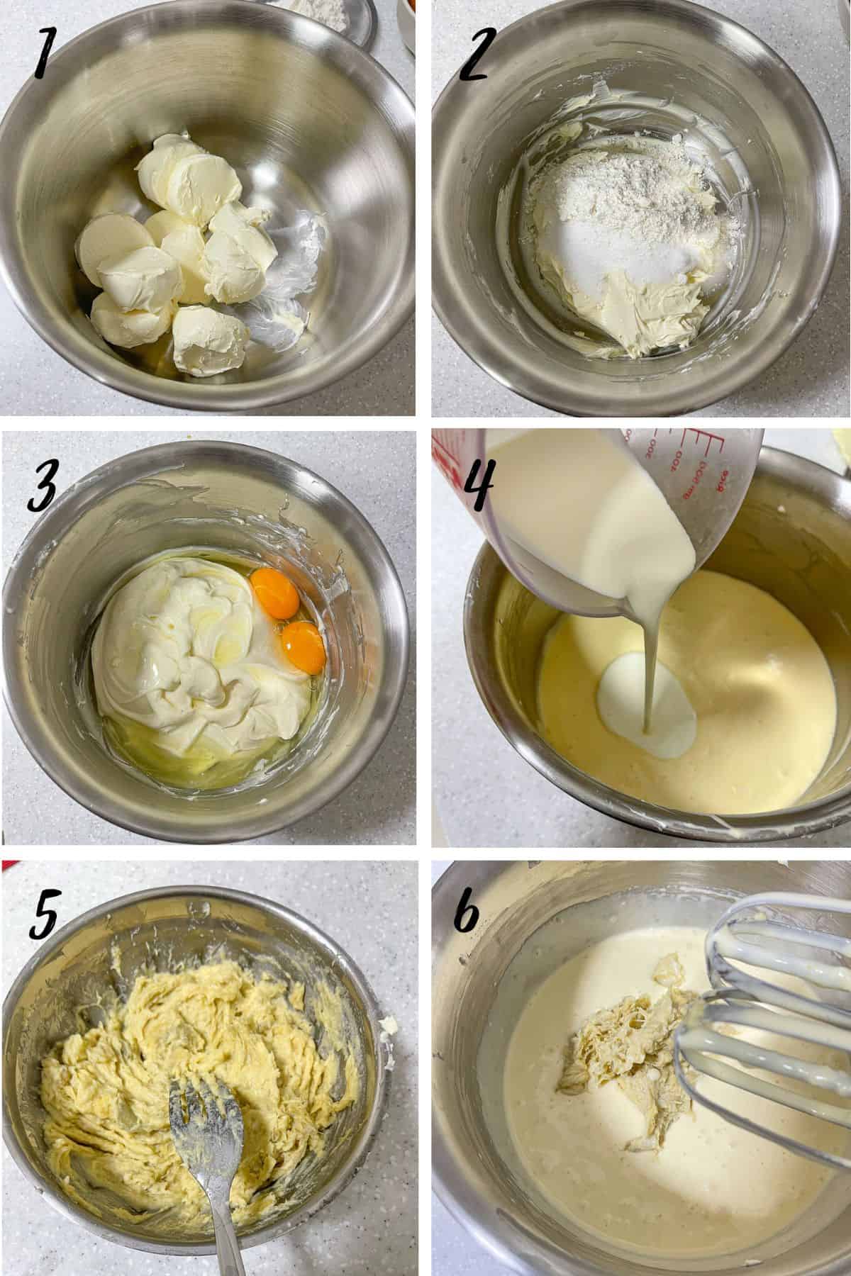 A poster of 6 images showing how to mix durian cheesecake batter.