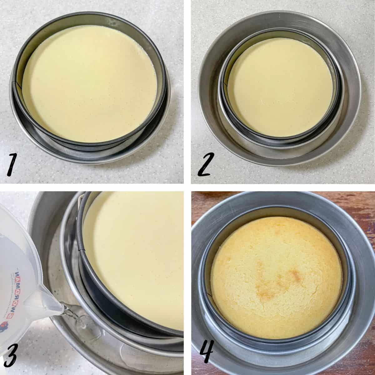 A poster of 4 images showing how to create a waterbath for baking.