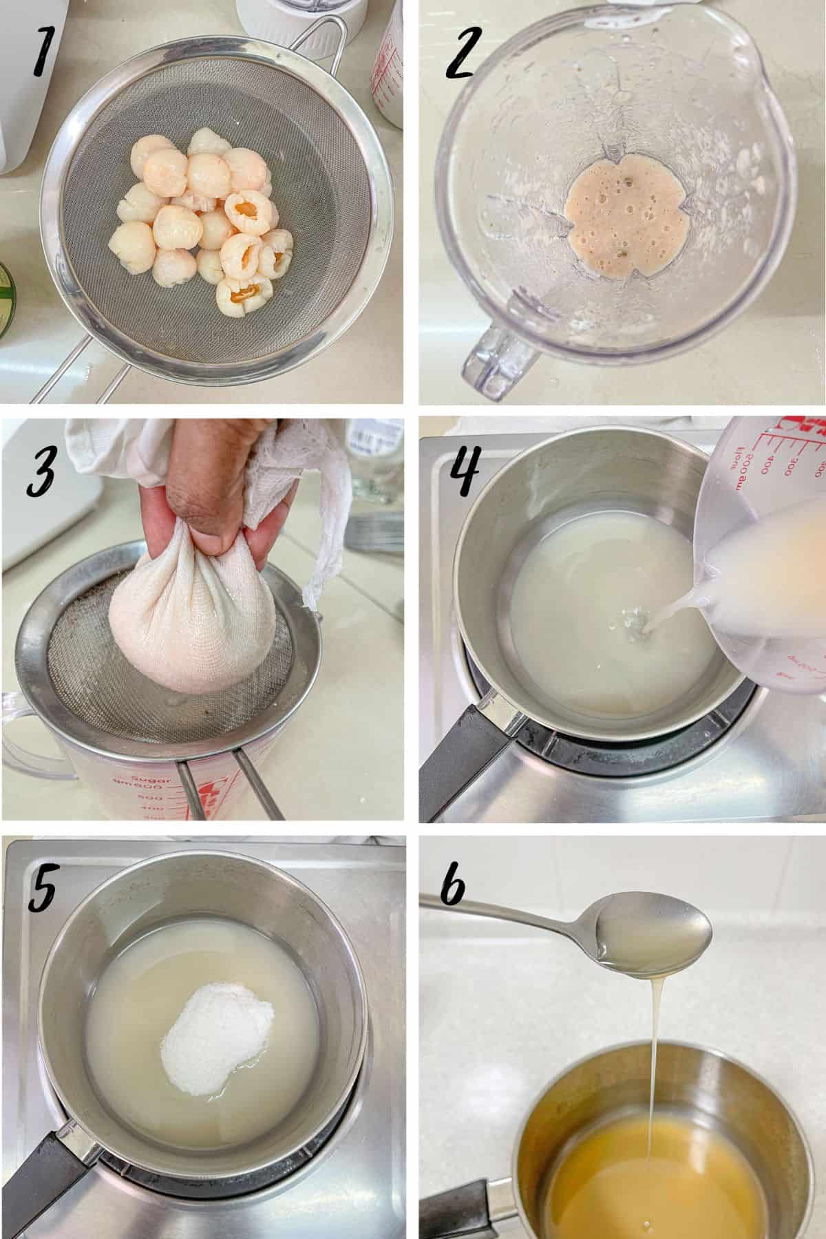 A poster of 6 images showing how to make lychee syrup from lychee juice.