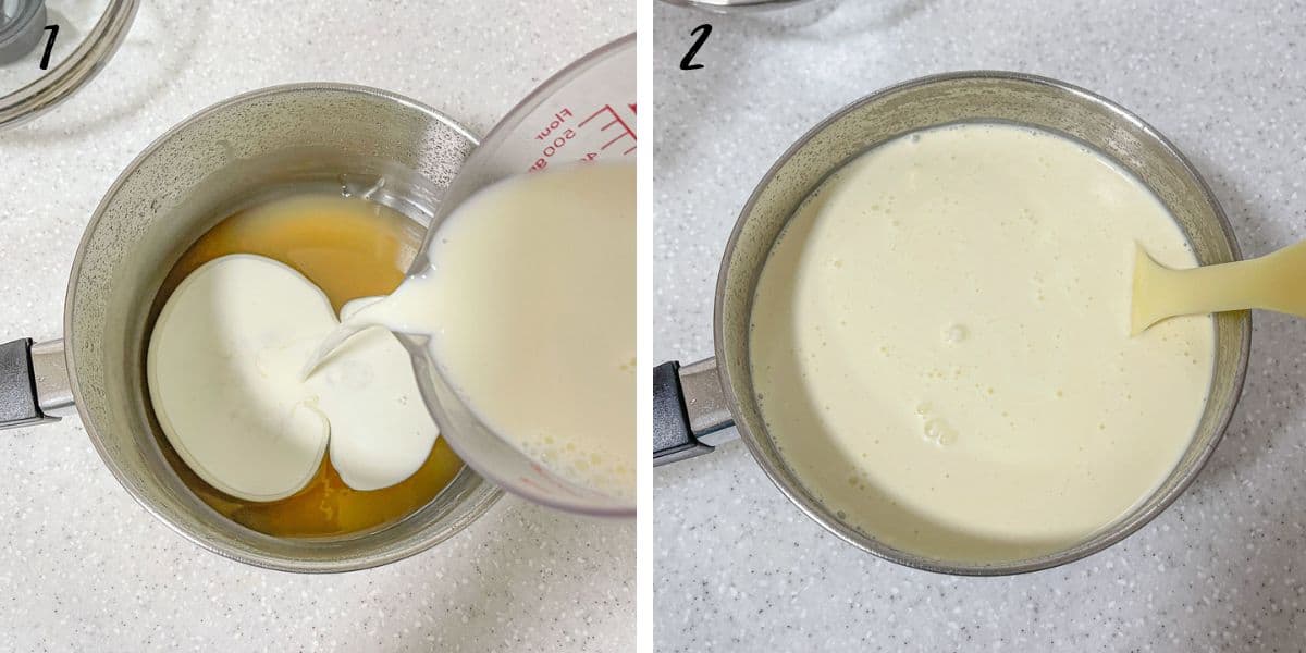 A poster of 2 images showing how to mix milk and cream into lychee syrup.