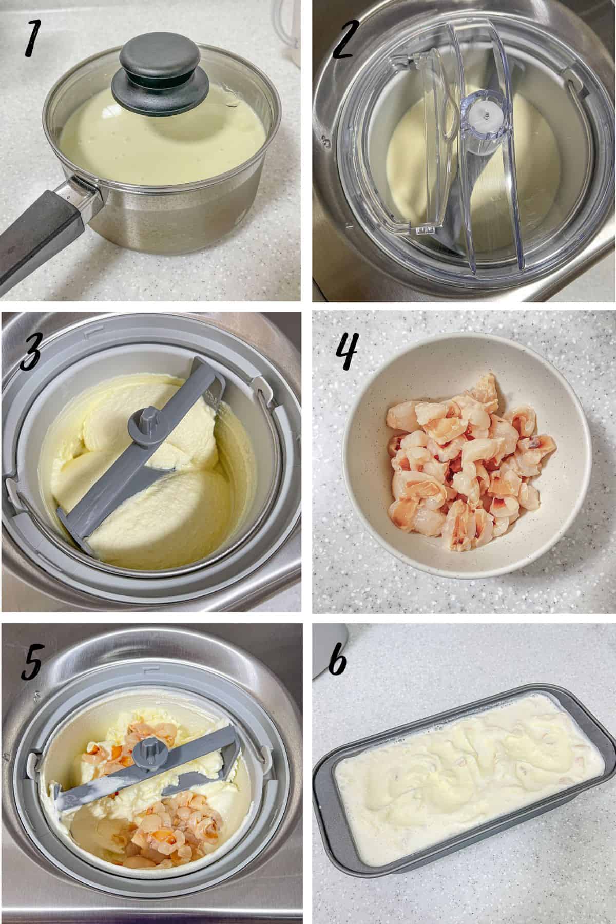 A poster of 6 images showing how to churn lychee ice cream.