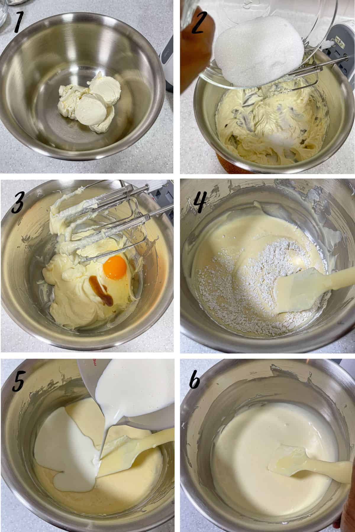 A poster of 6 images showing how to mix basque cheesecake batter.