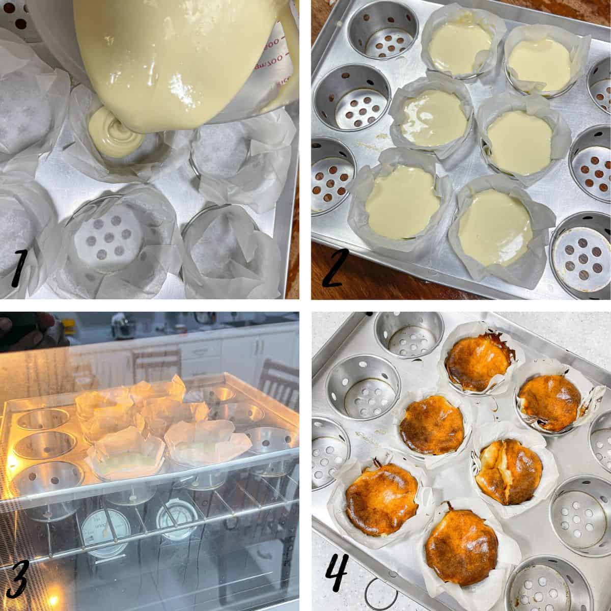 A poster of 4 images showing how to pour cheesecake batter into mini casings.