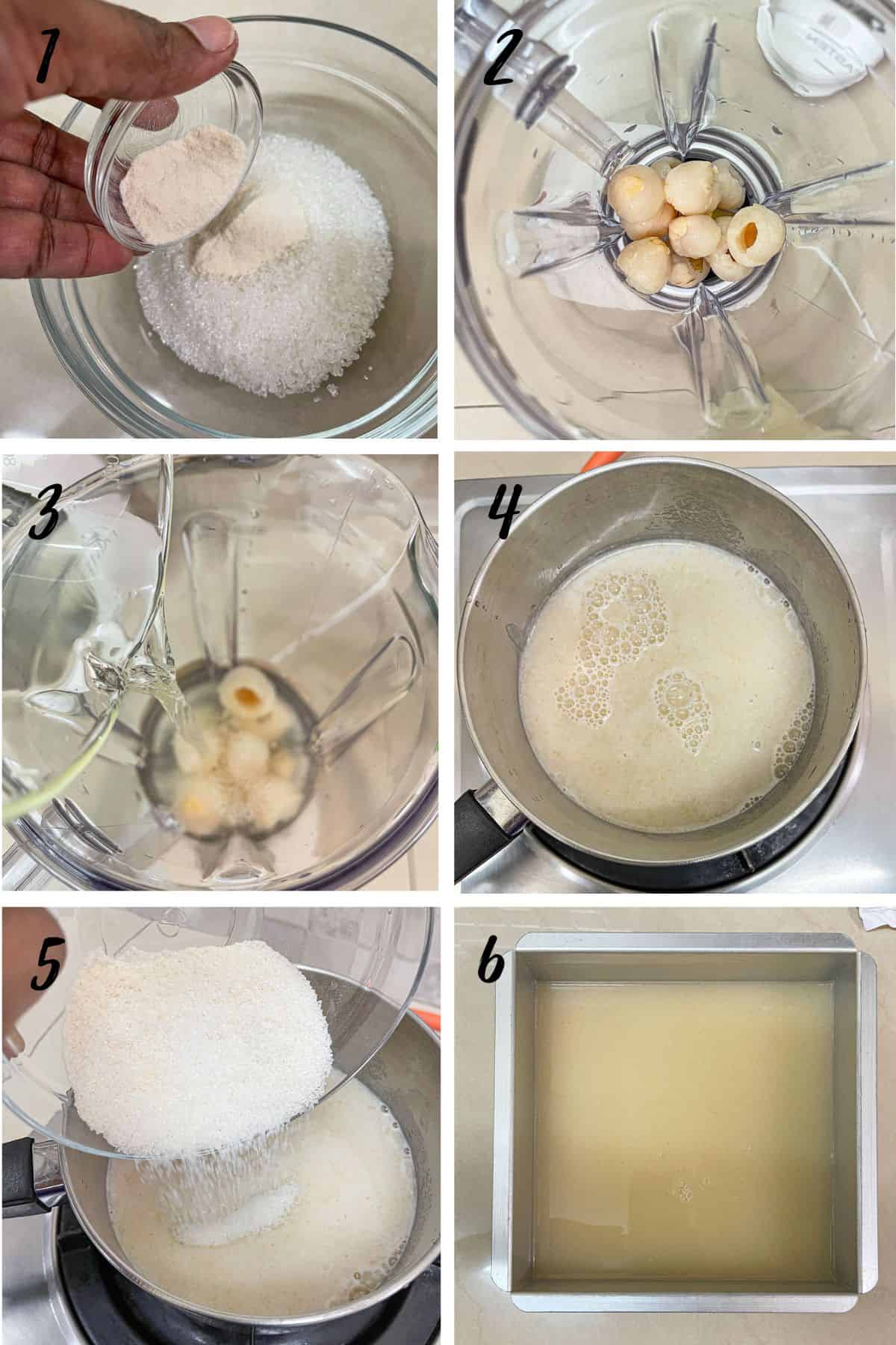 A poster of 6 images showing how to make lychee jelly.