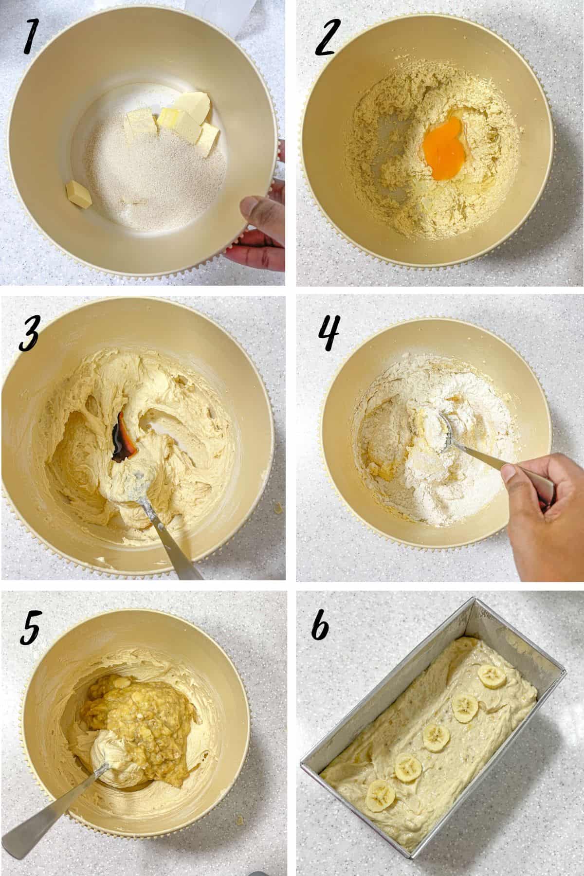 A poster of 6 images showing how to mix banana butter cake batter.