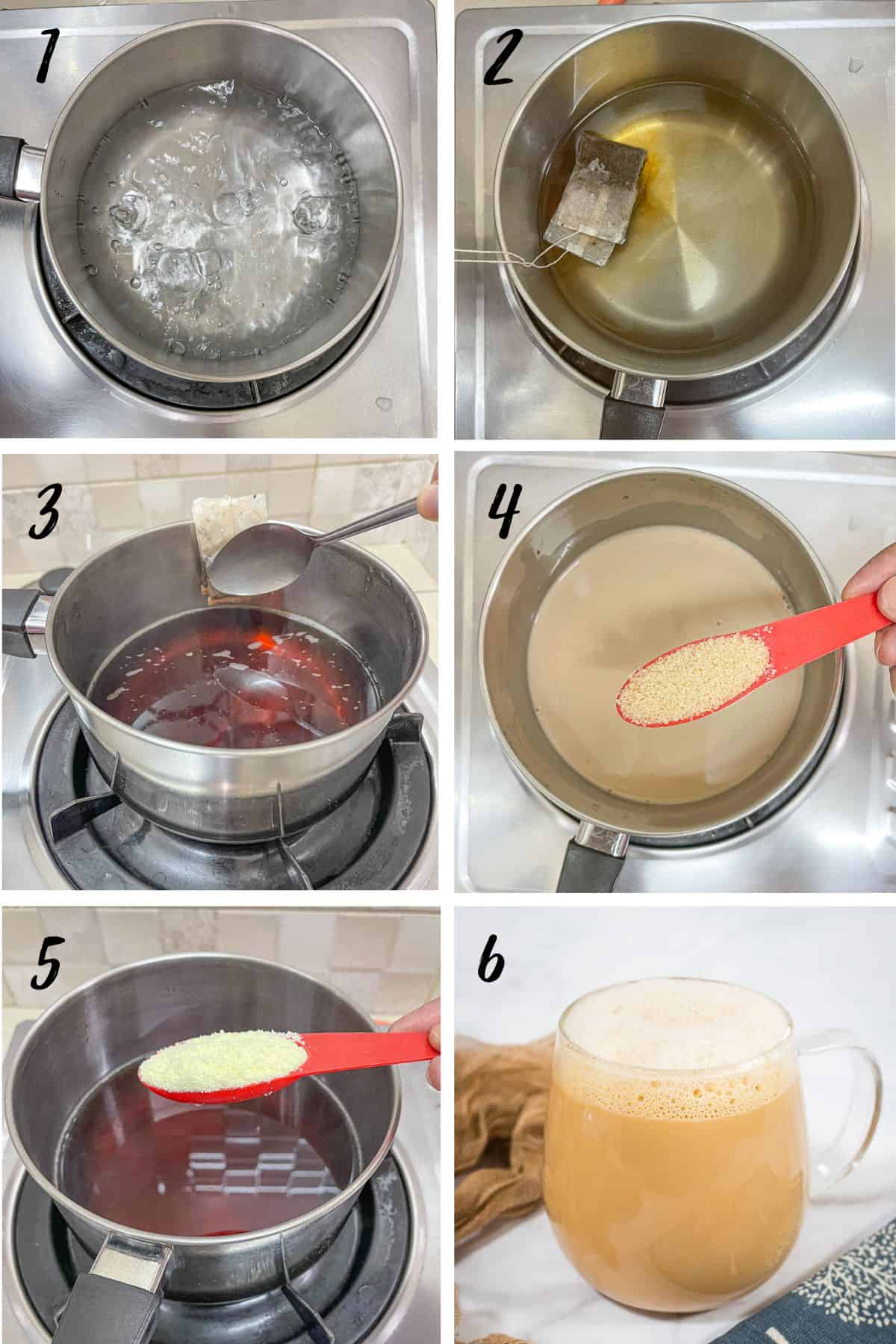 A poster of 6 images showing how to make milk tea with milk powder.