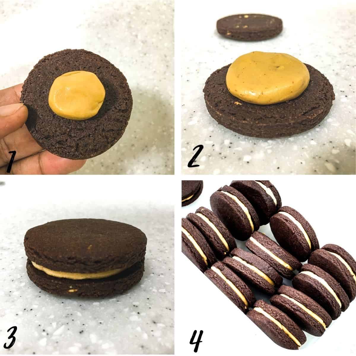 A poster of 4 images showing how to assemble chocolate sandwich cookies.