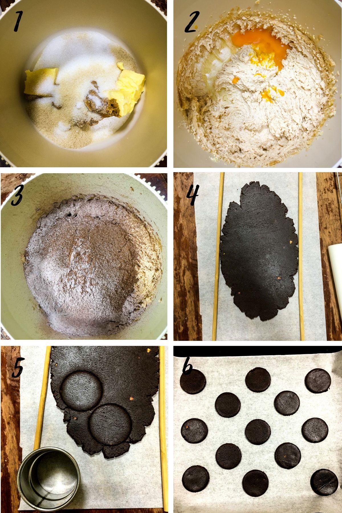 A poster of 6 images showing how to make chocolate cookies.