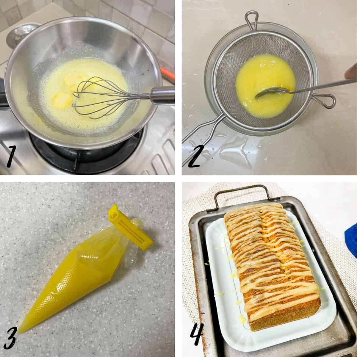 A poster of 4 images showing how to make lemon curd drizzle.