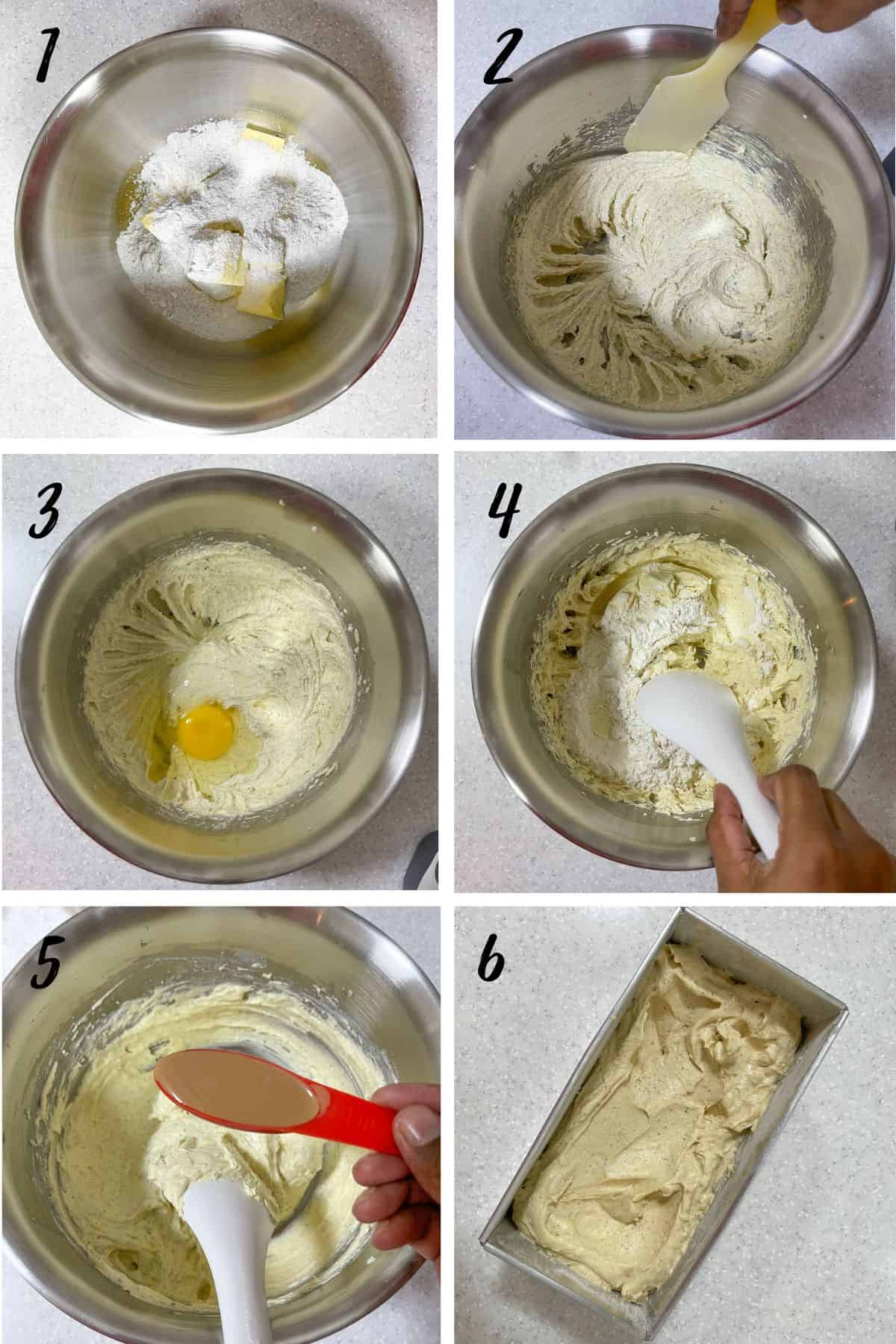 A poster of 6 images showing how to mix cake batter.