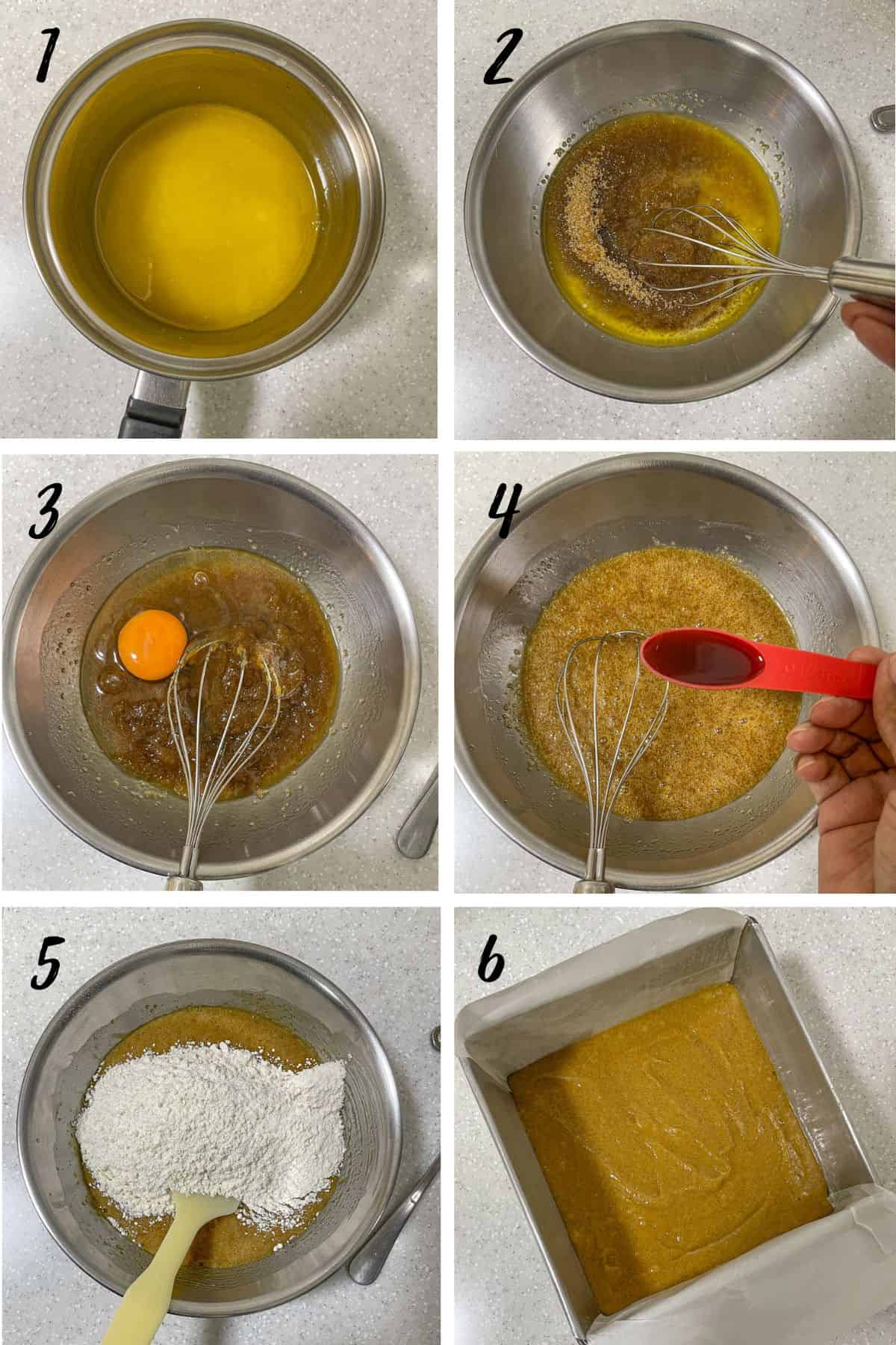 A poster of 6 images showing how to make blondies.