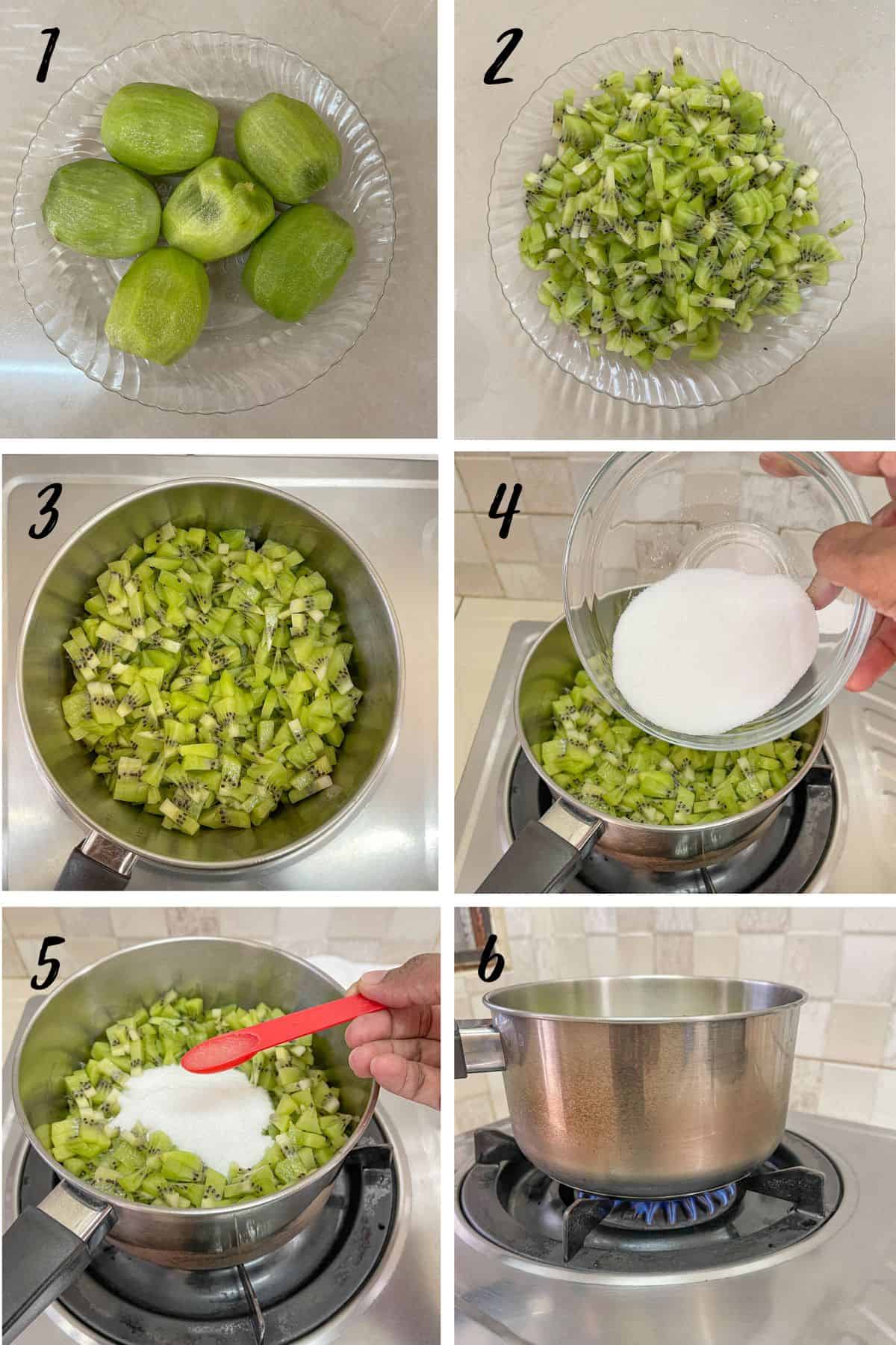A poster of 6 images showing how to cook kiwi fruits.