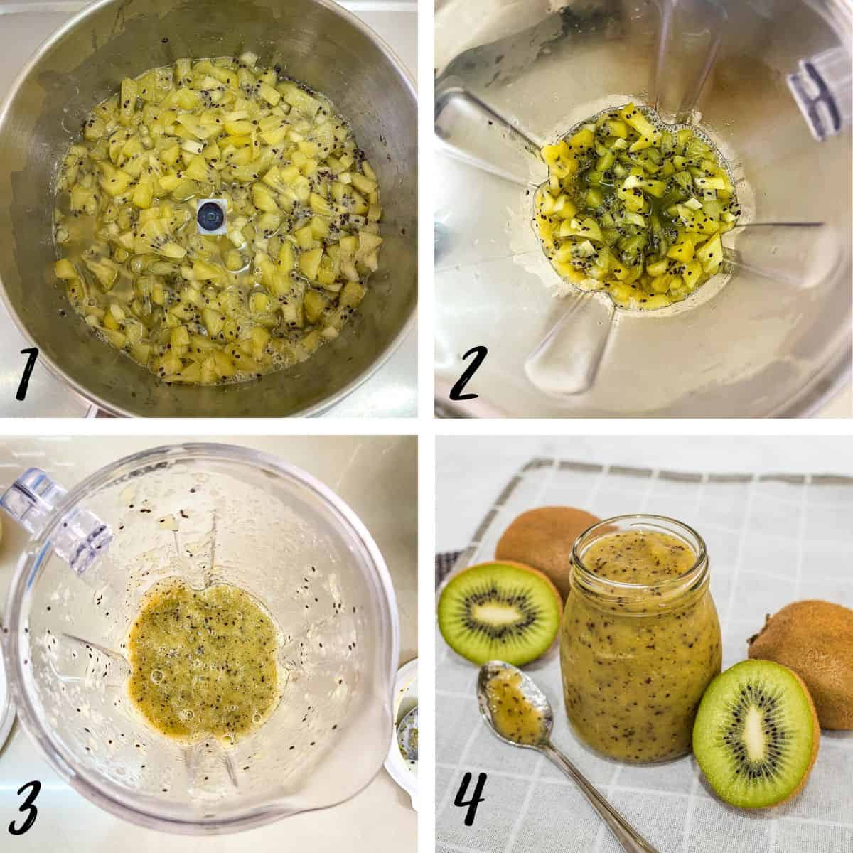 A poster of 4 images showing how to process kiwi sauce.