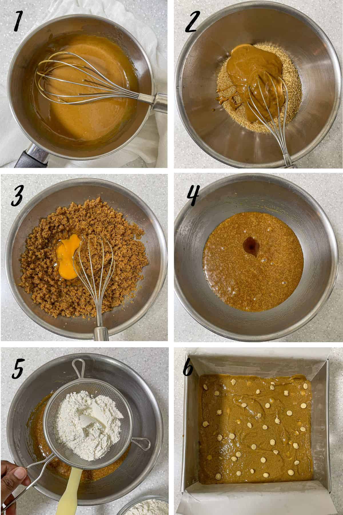 A poster of 6 images showing how to mix blondie batter.