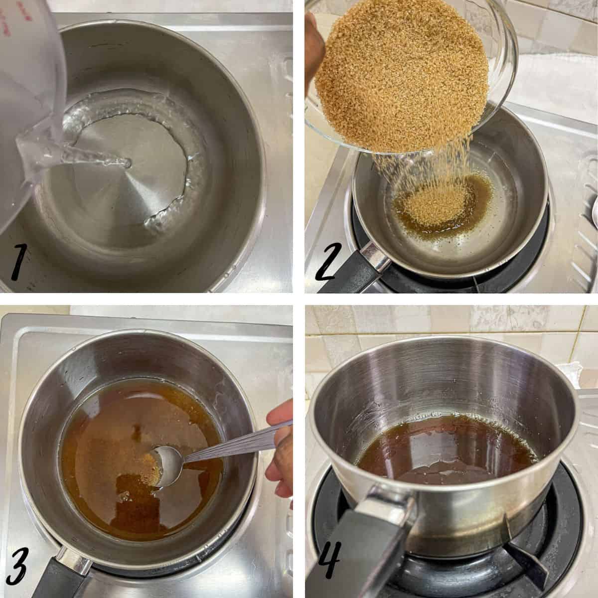 A poster of 4 images showing how to dissolve brown sugar in water.
