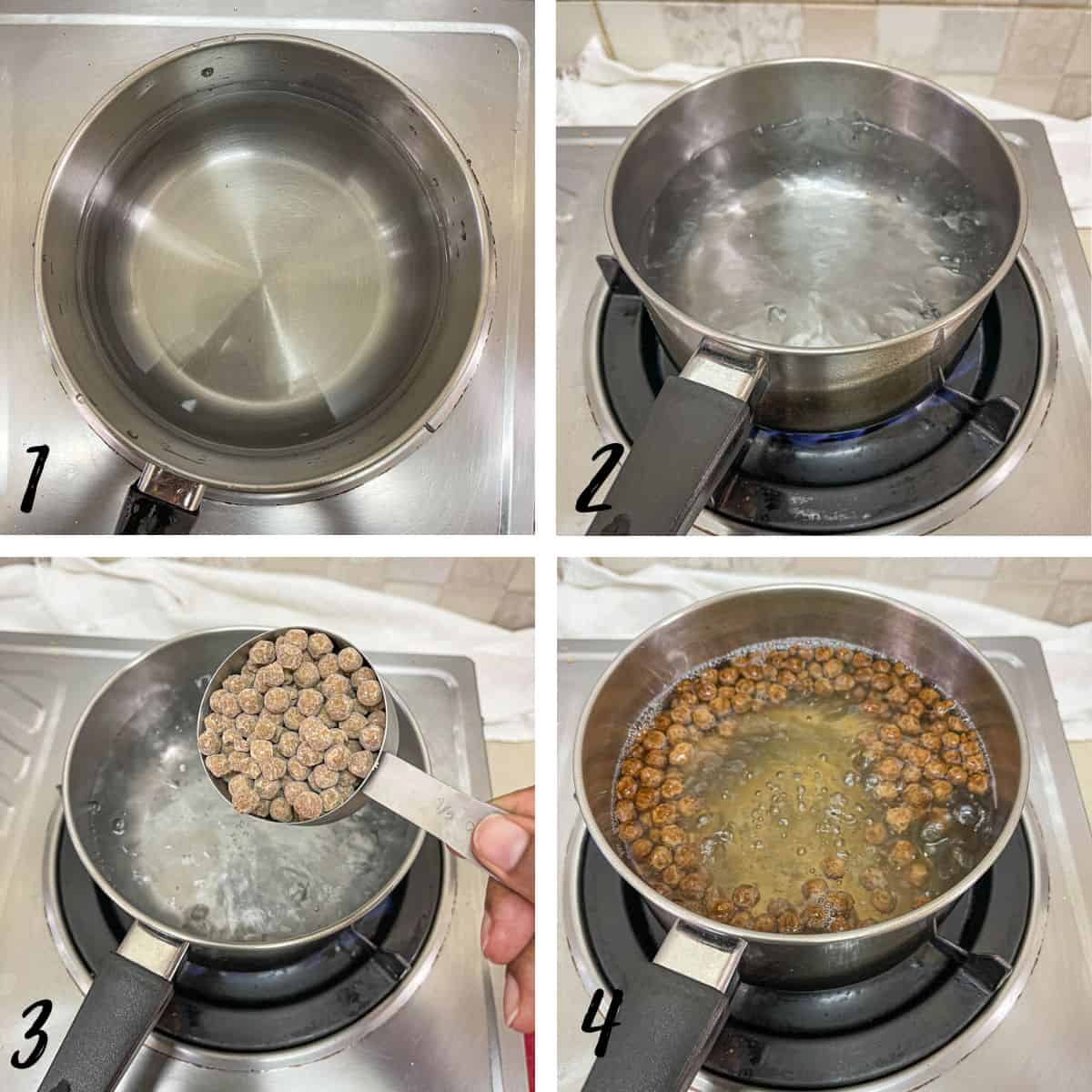 A poster of 4 images showing how to cook boba pearls.