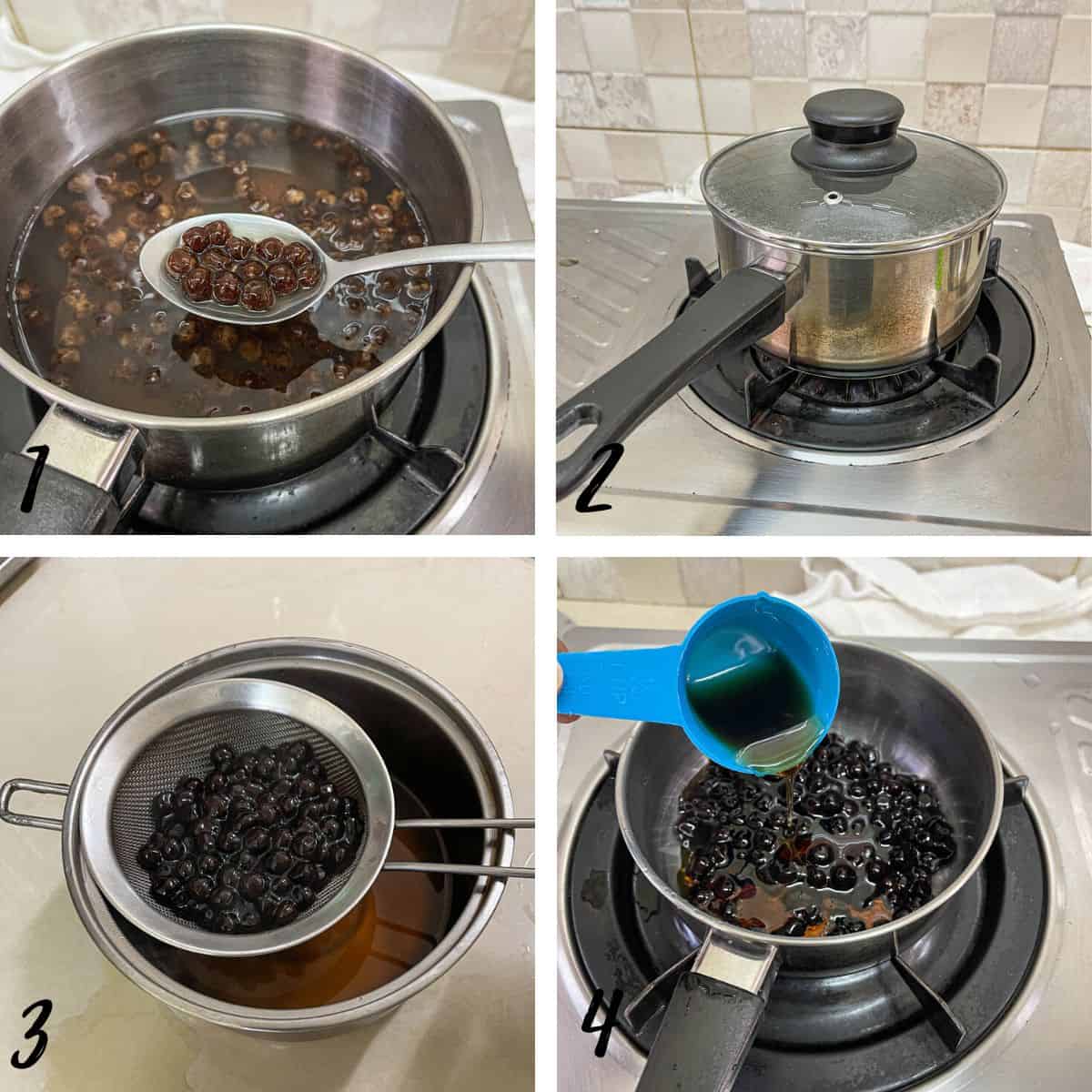 A poster of 4 images showing how to drain cooked boba pearls and mix in brown sugar syrup.