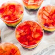 Top view of strawberries in a cup.