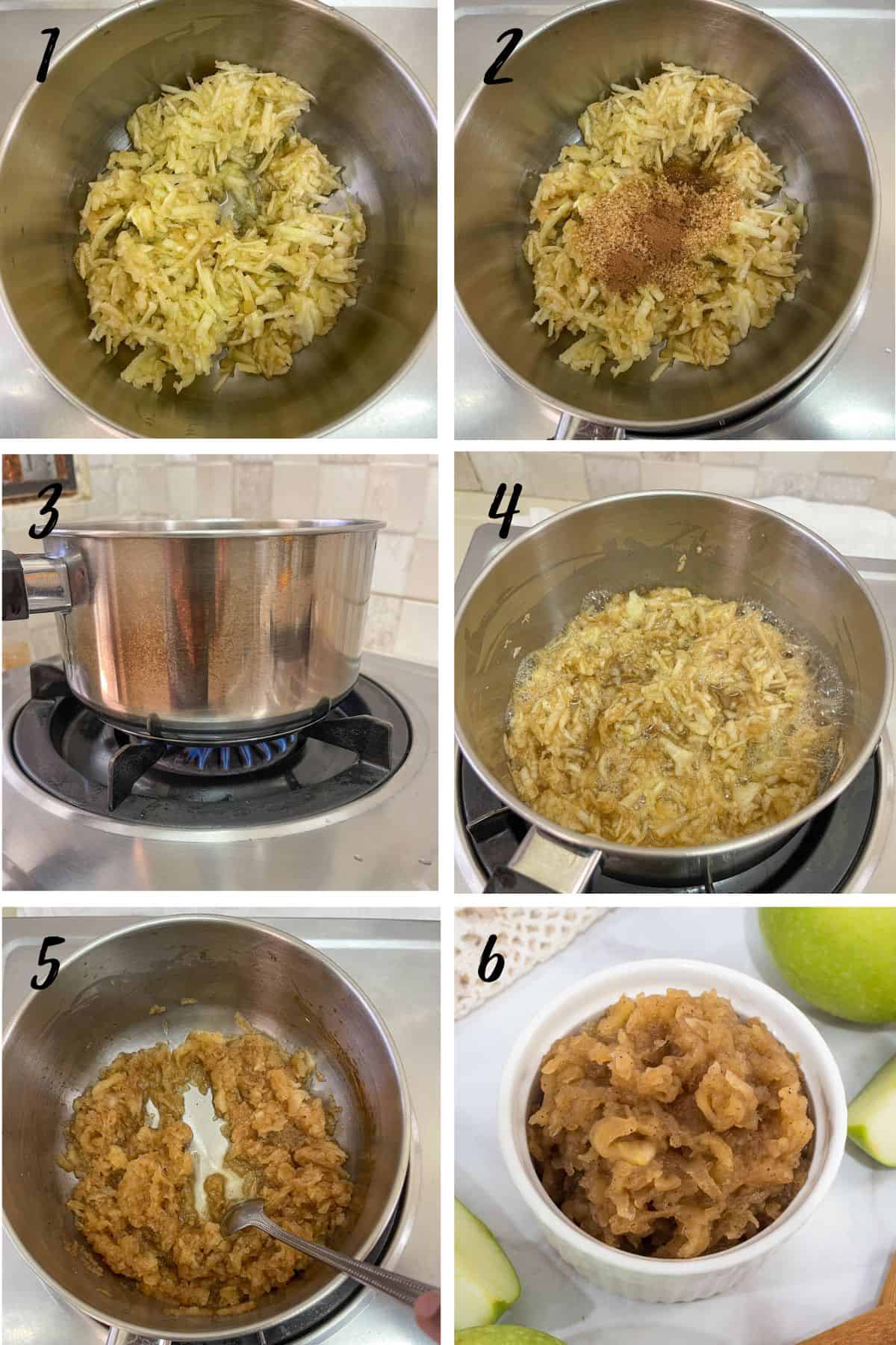 A poster of 6 images showing how to cook grated apple in a small saucepan into apple compote.