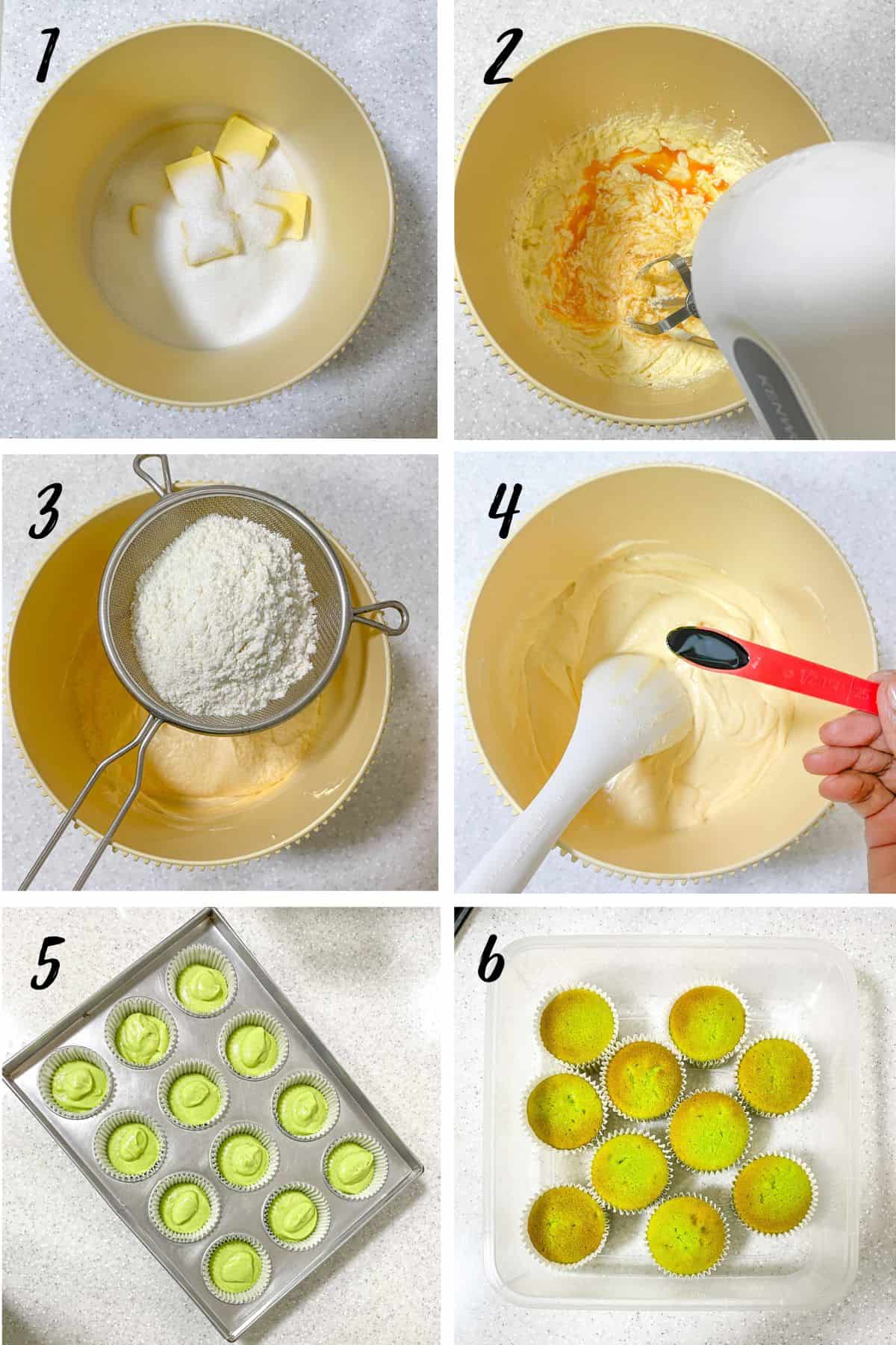 A poster of 6 images showing how to make pandan cupcakes.