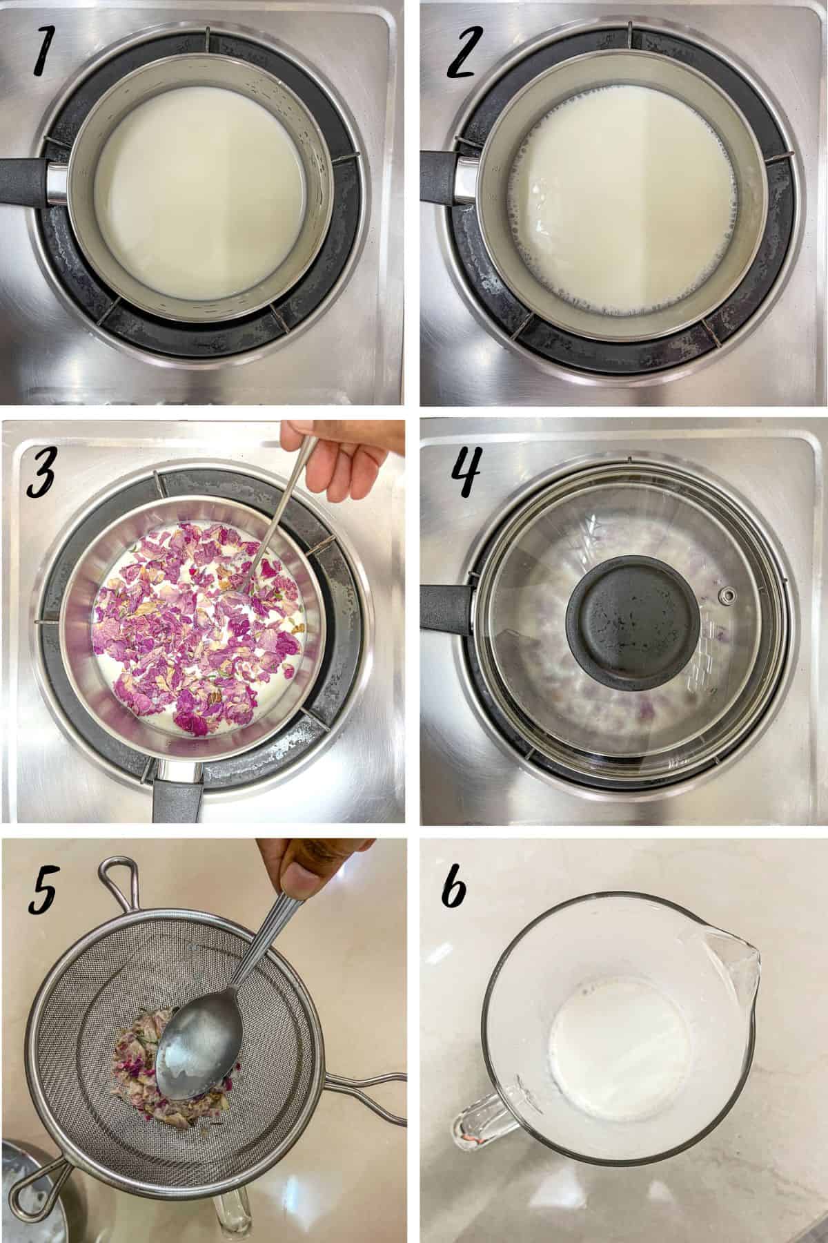 A poster of 4 images showing how to steep dried rose petals in milk.
