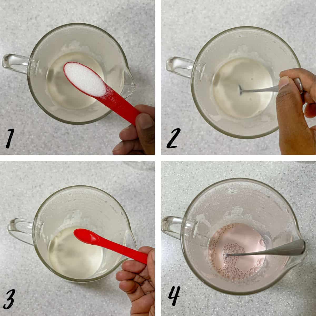 A poster of 4 images showing how to sweeten and color milk.