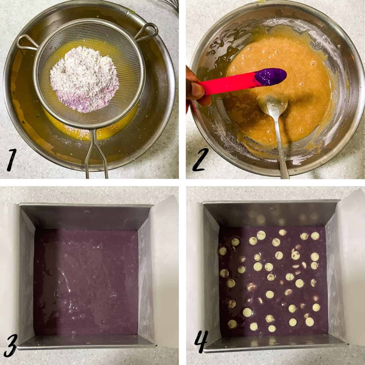 A poster of 4 images showing how to mix ube extract into ube brownies batter.