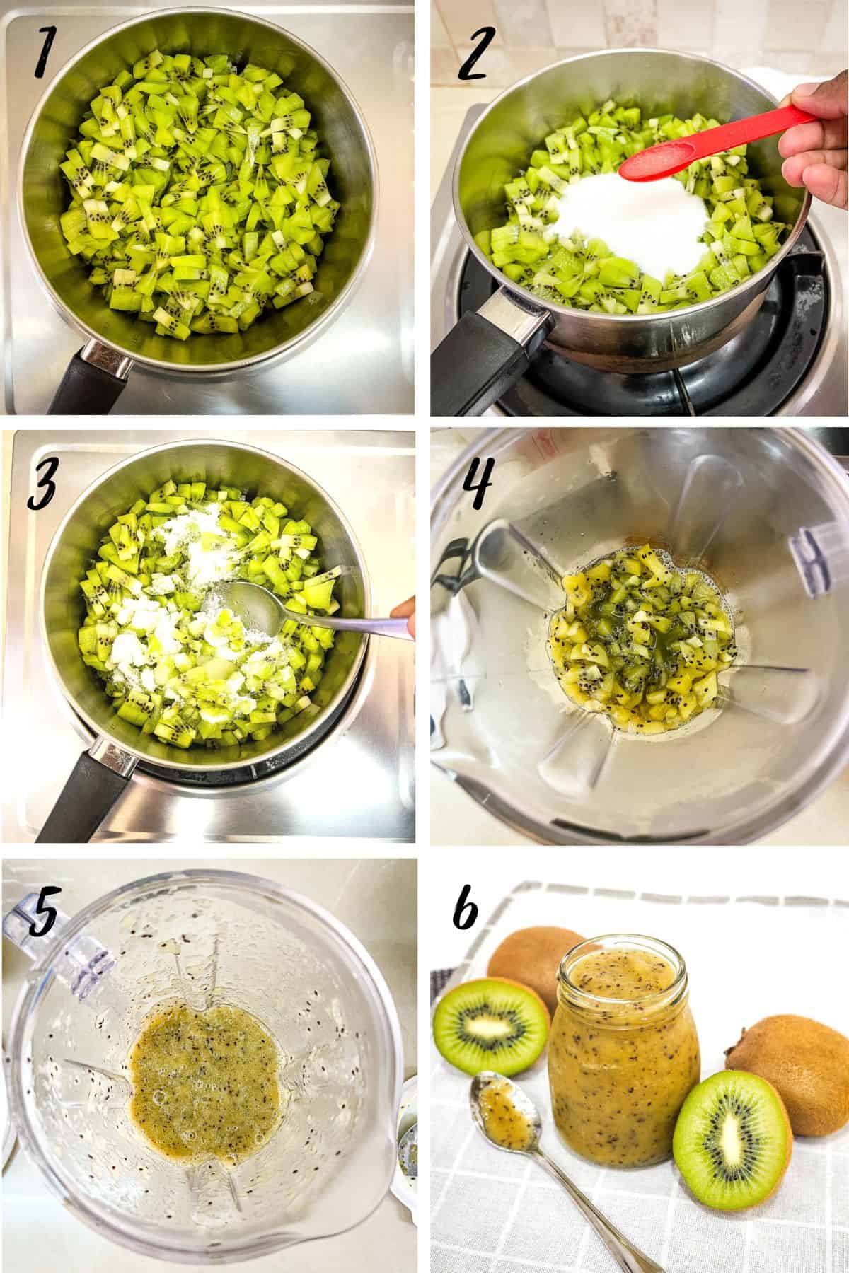 A poster of 6 images showing how to make kiwi sauce.