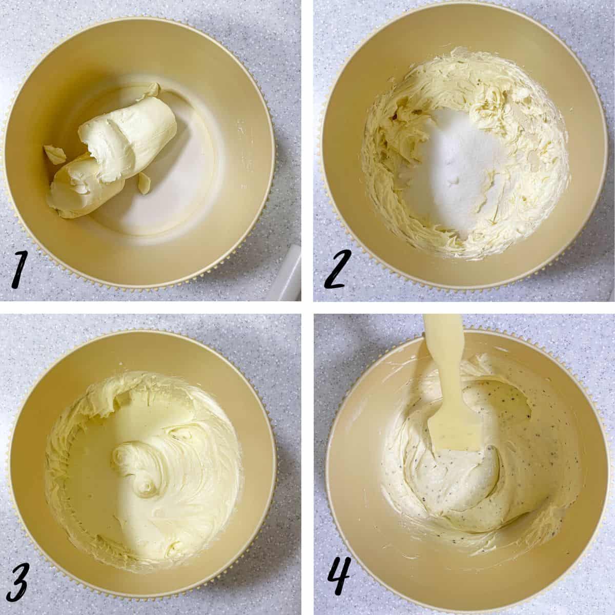 A poster of 4 images showing how to mix kiwi cheese batter.