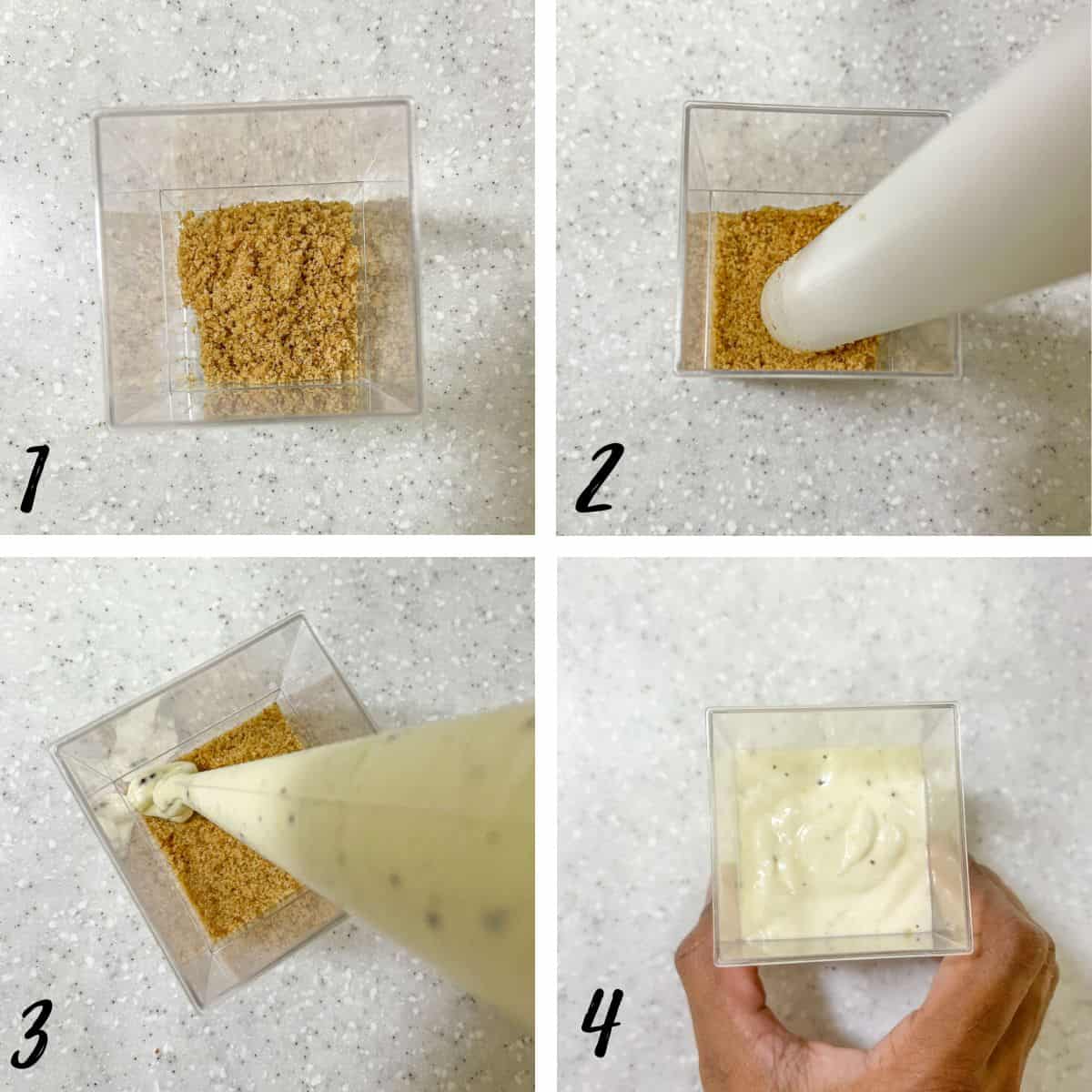 A poster of 4 images showing how to pipe cheesecake filling into cookie crumbs in cups.