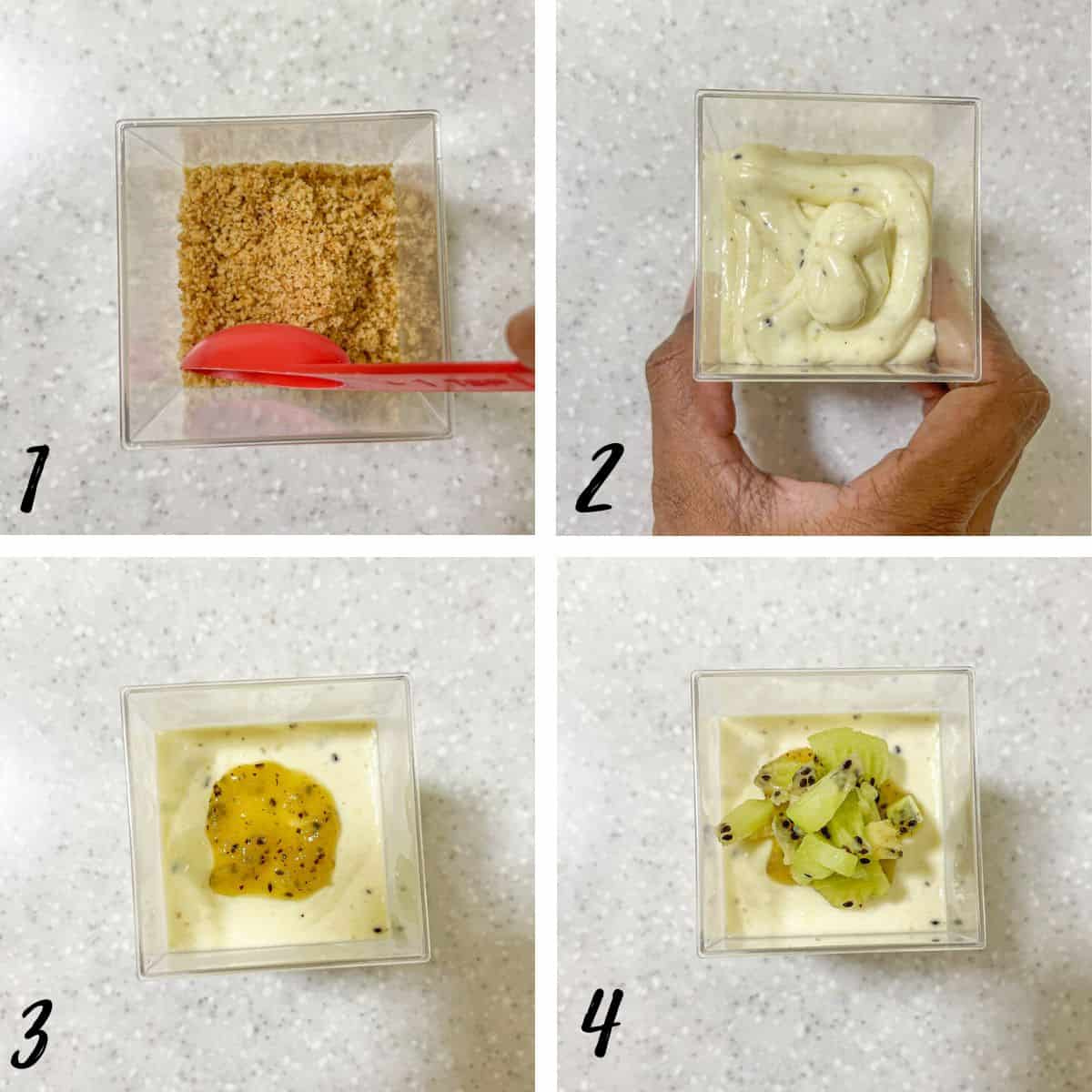 A poster of 4 images showing how to assemble second layer of the kiwi cheesecake cups.