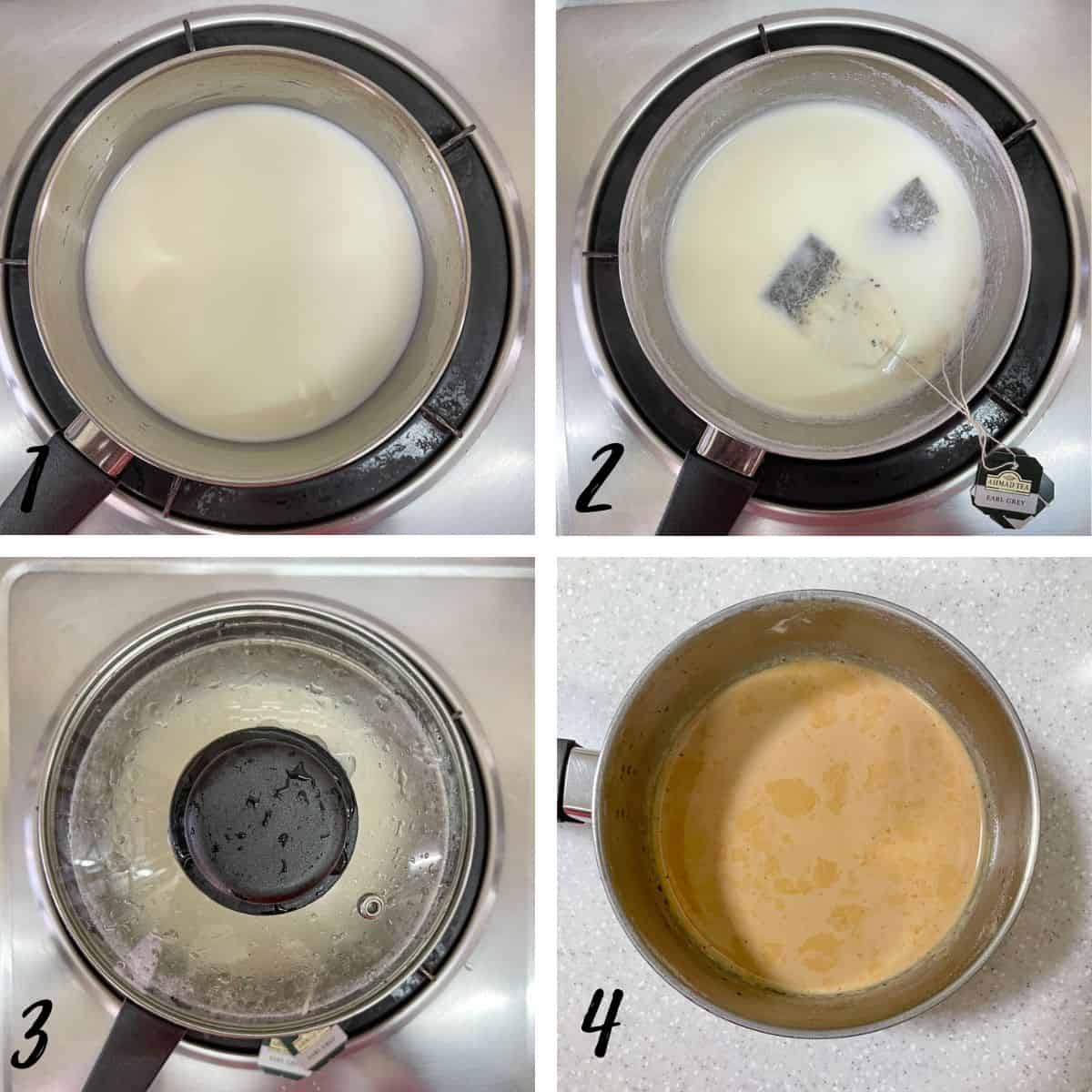 A poster of 4 images showing how to step earl grey tea in milk.