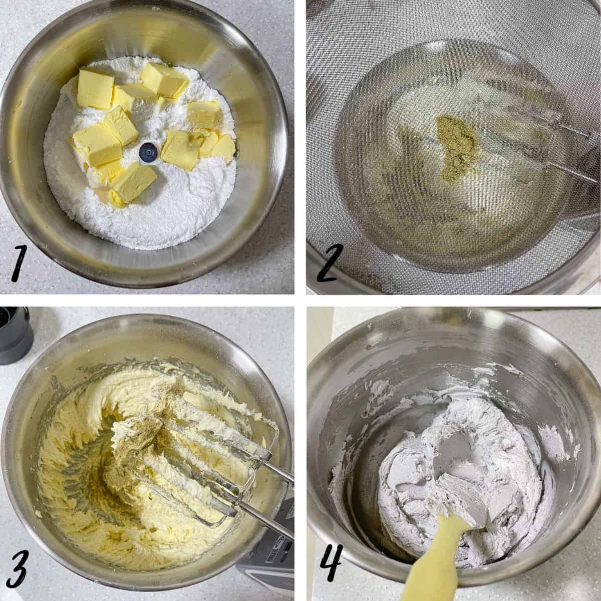 A poster of 4 images showing how to make lavender buttercream.