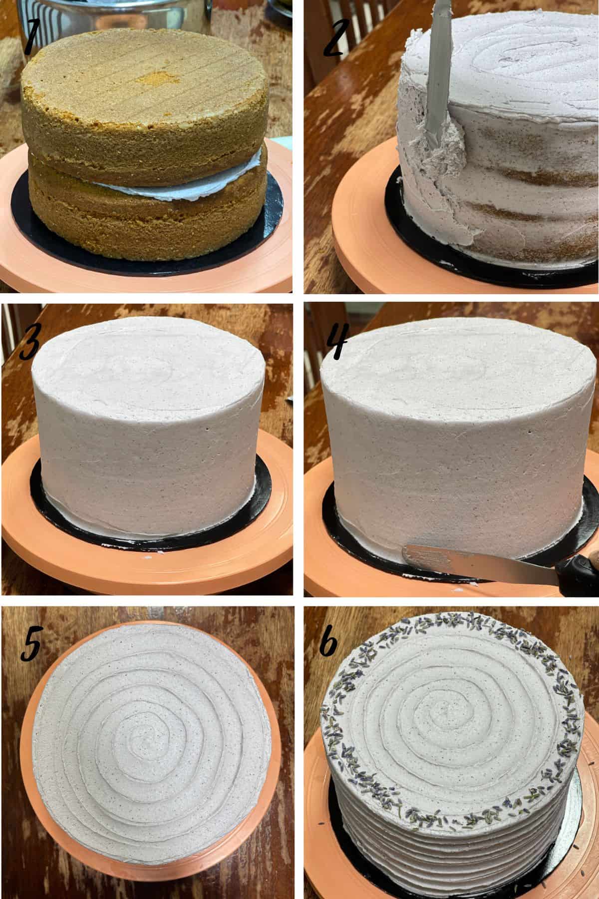 A poster of 6 images showing how to fill and cover a cake with lavender buttercream.