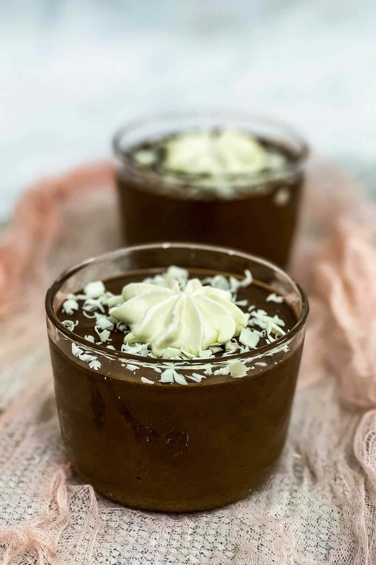 2 cups of mascarpone chocolate mousse with white chocolate topping.