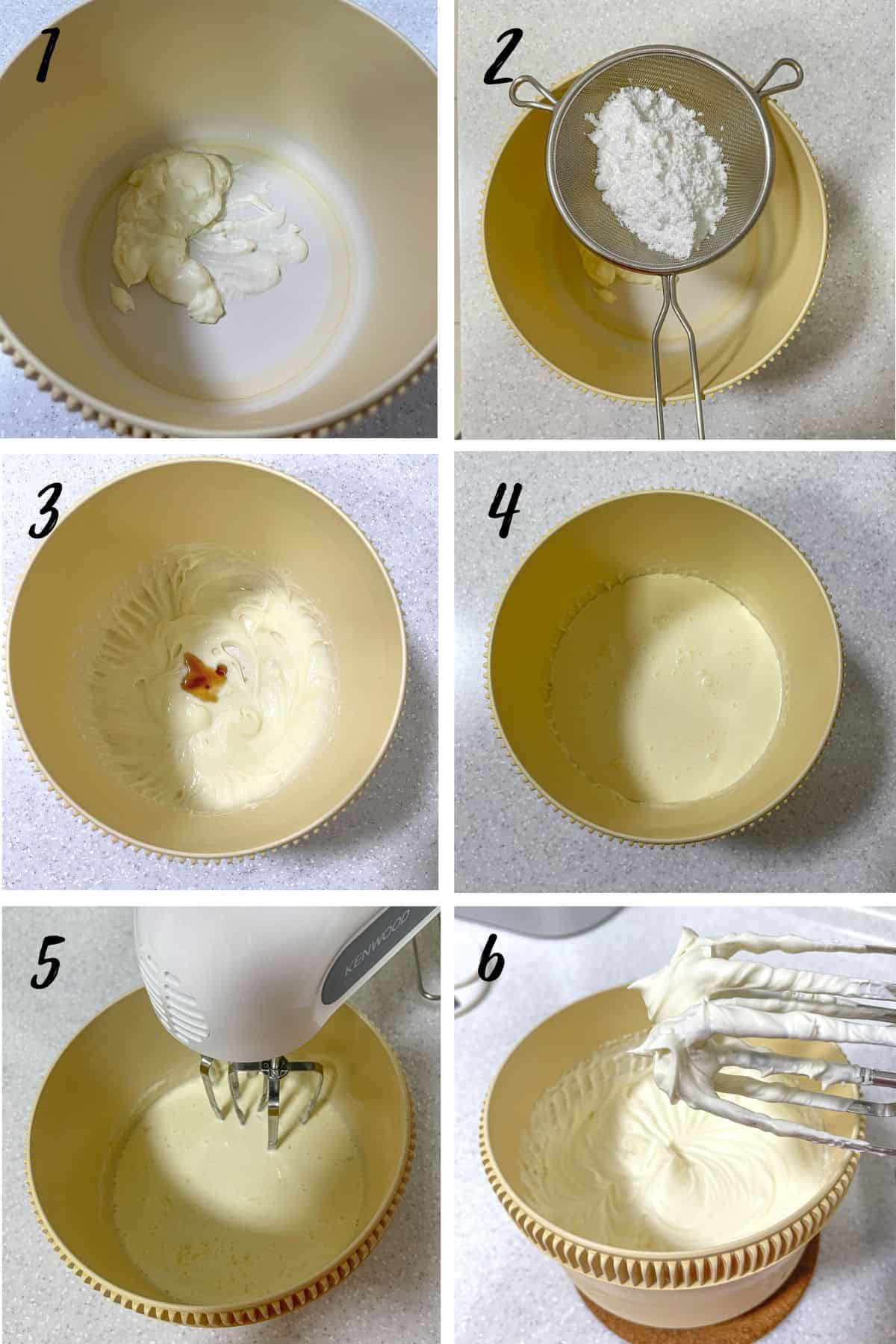 A poster of 6 images showing how to whip mascarpone cheese and whipped cream to make frosting.