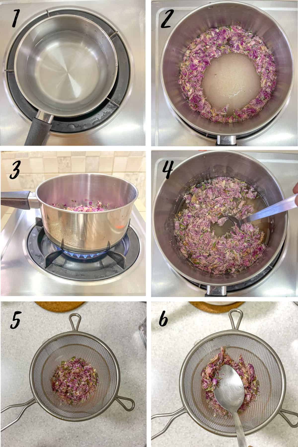 A poster of 6 images showing how to cook flower petals with sugar.