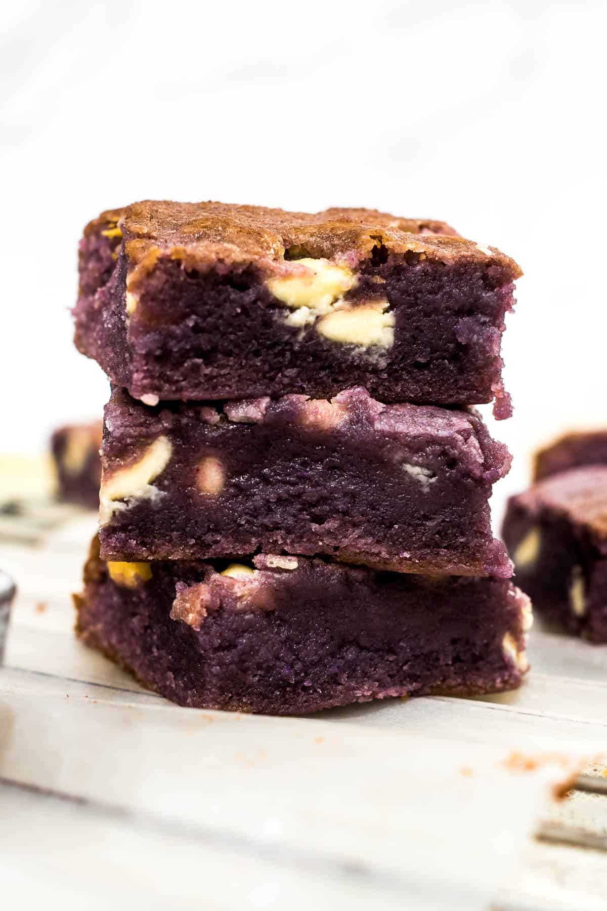 A stack of 3 ube brownies.