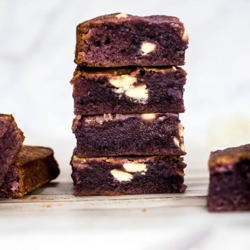 A stack of 4 ube brownies.