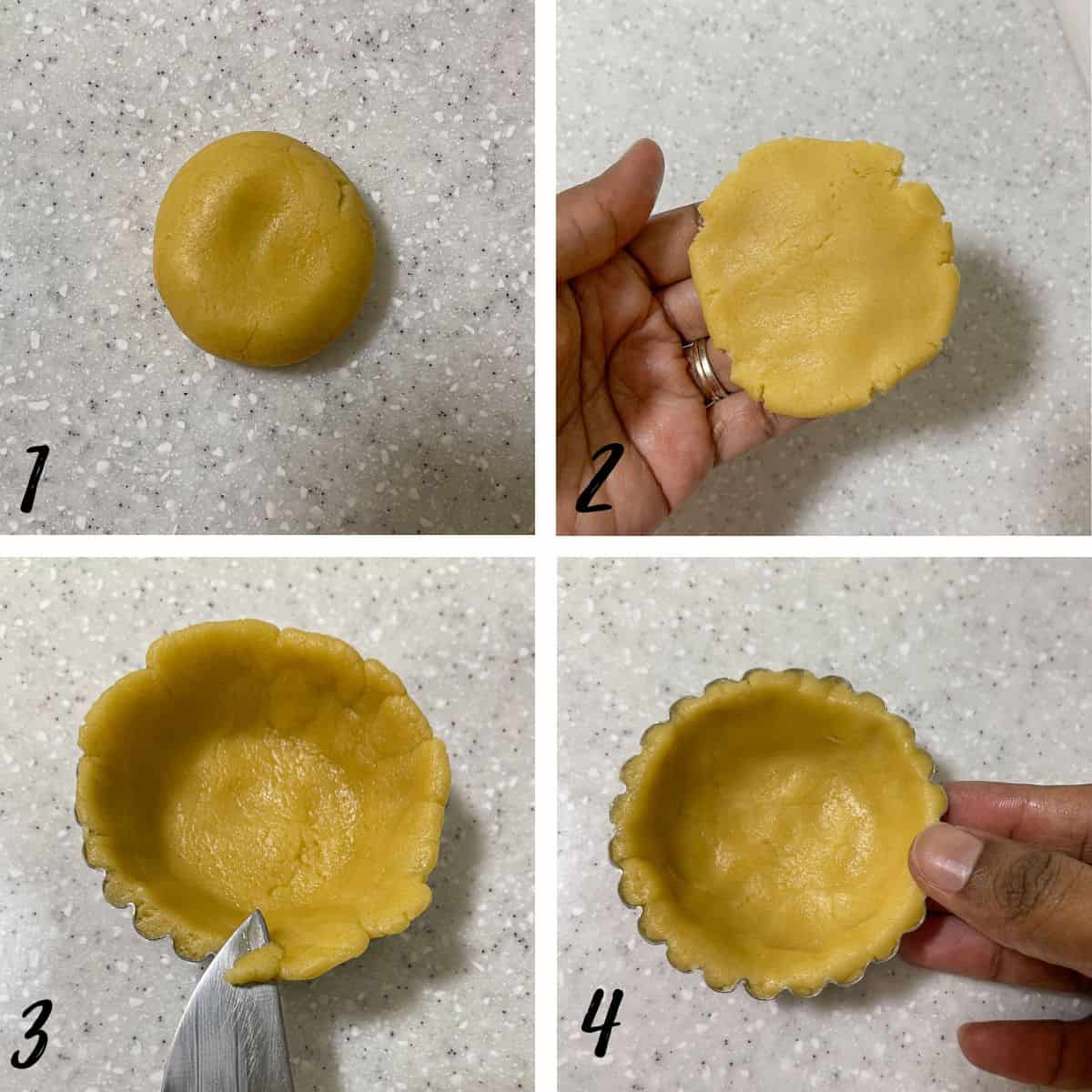 A poster of 4 images showing how to fill a tart mold with pastry.