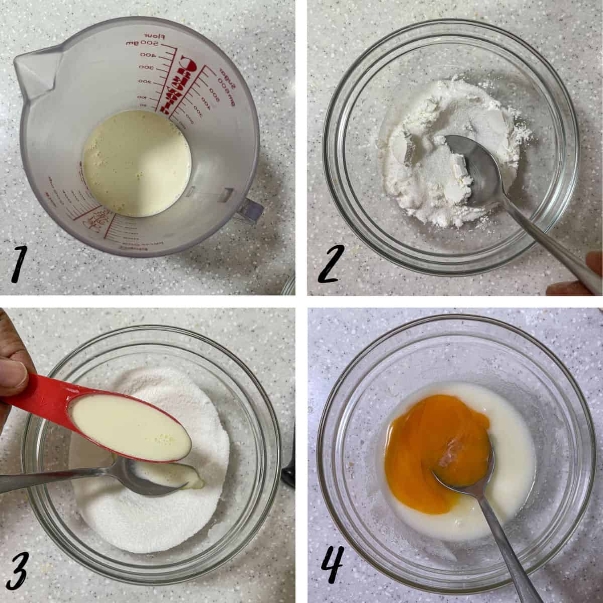 A poster of 4 images showing how to mix sugar with cornstarch and egg yolk.