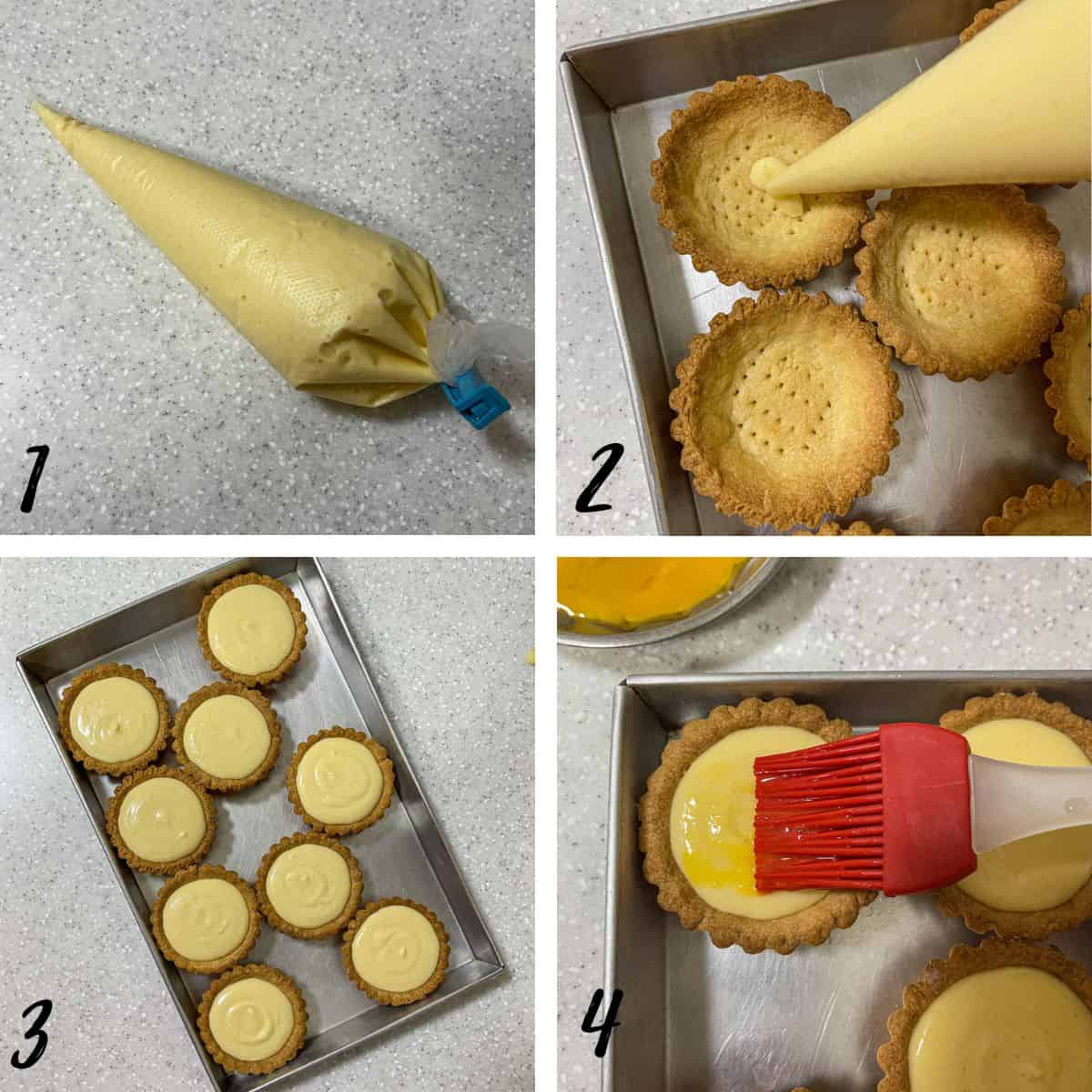 A poster of 4 images showing how to fill pastry shells with cheese filling and egg wash top.