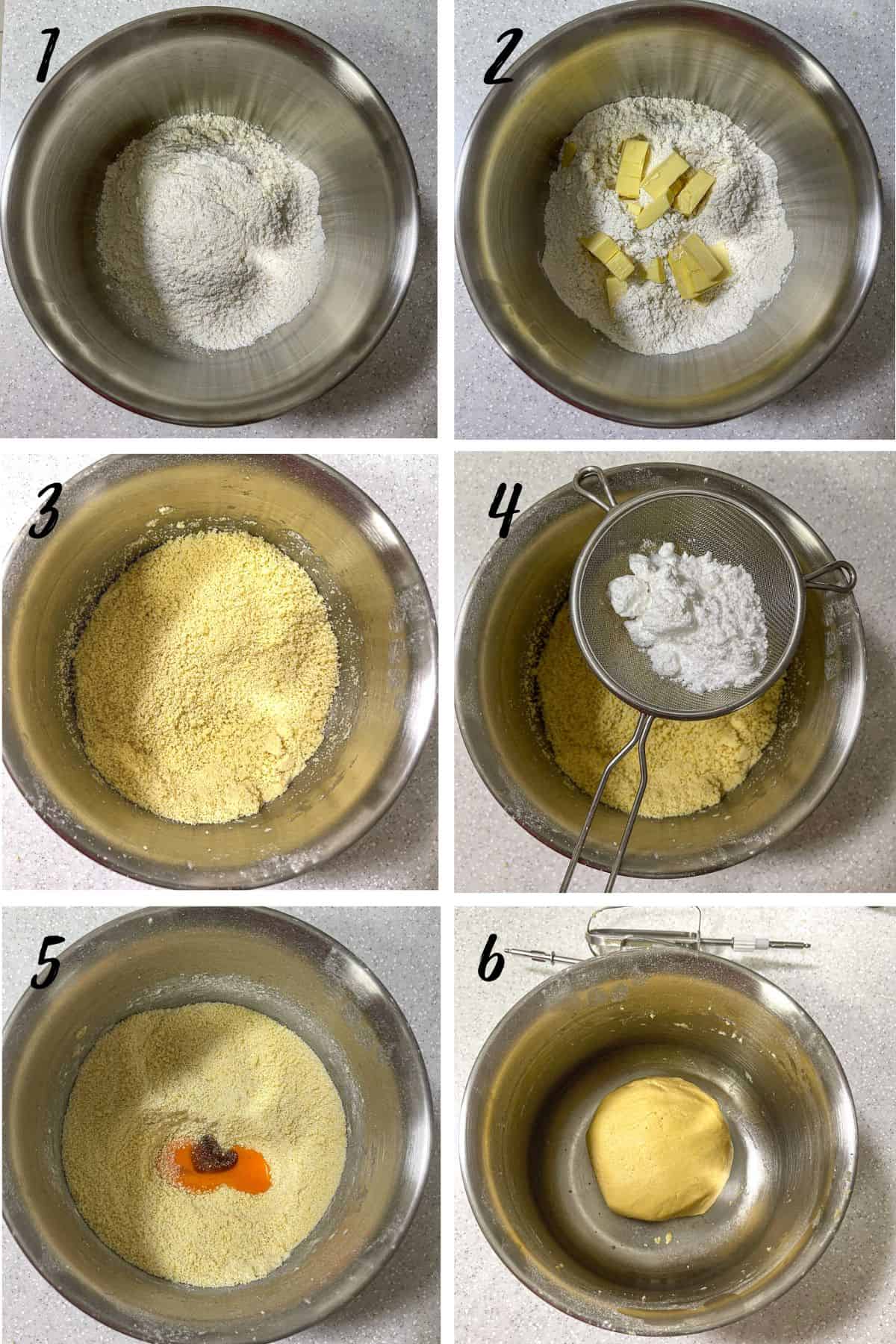 A poster of 6 images showing how to make sweet pie pastry.