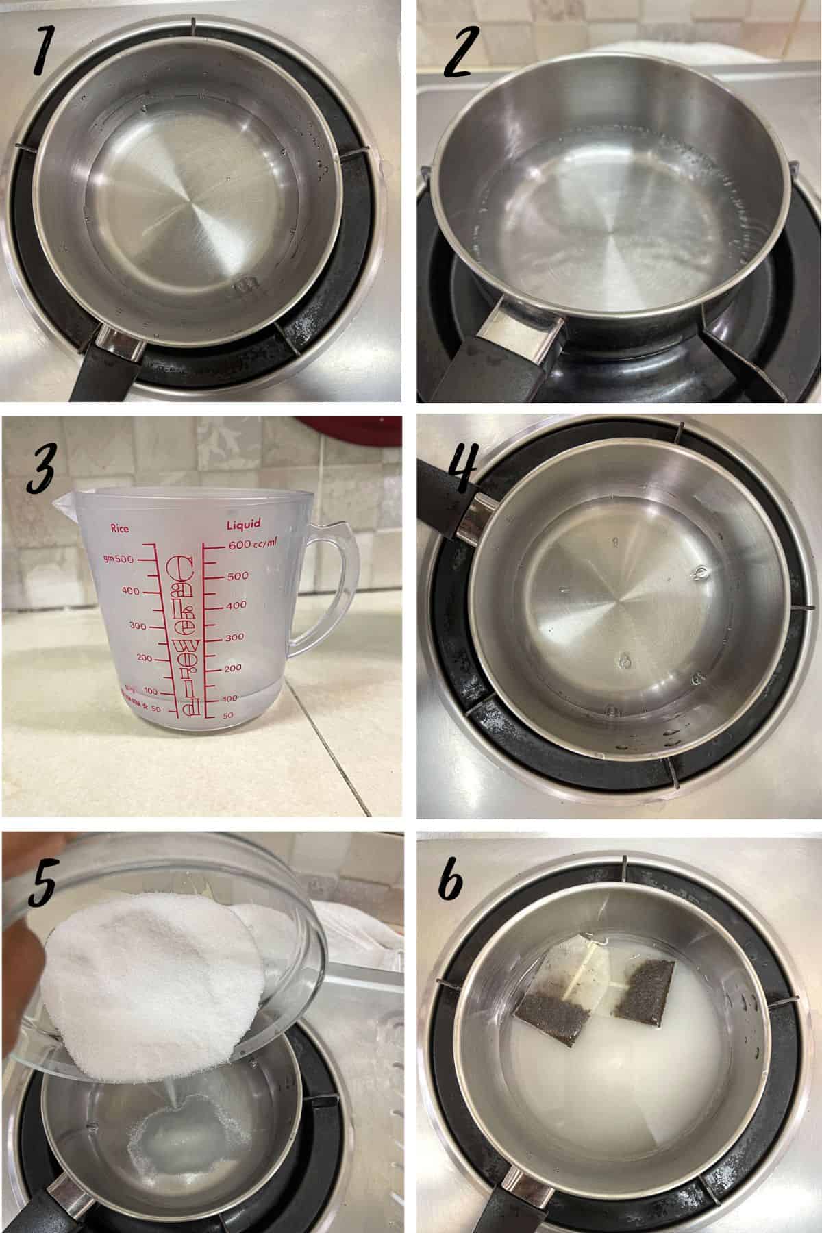 A poster of 6 images showing how to boil water and make simple syrup.