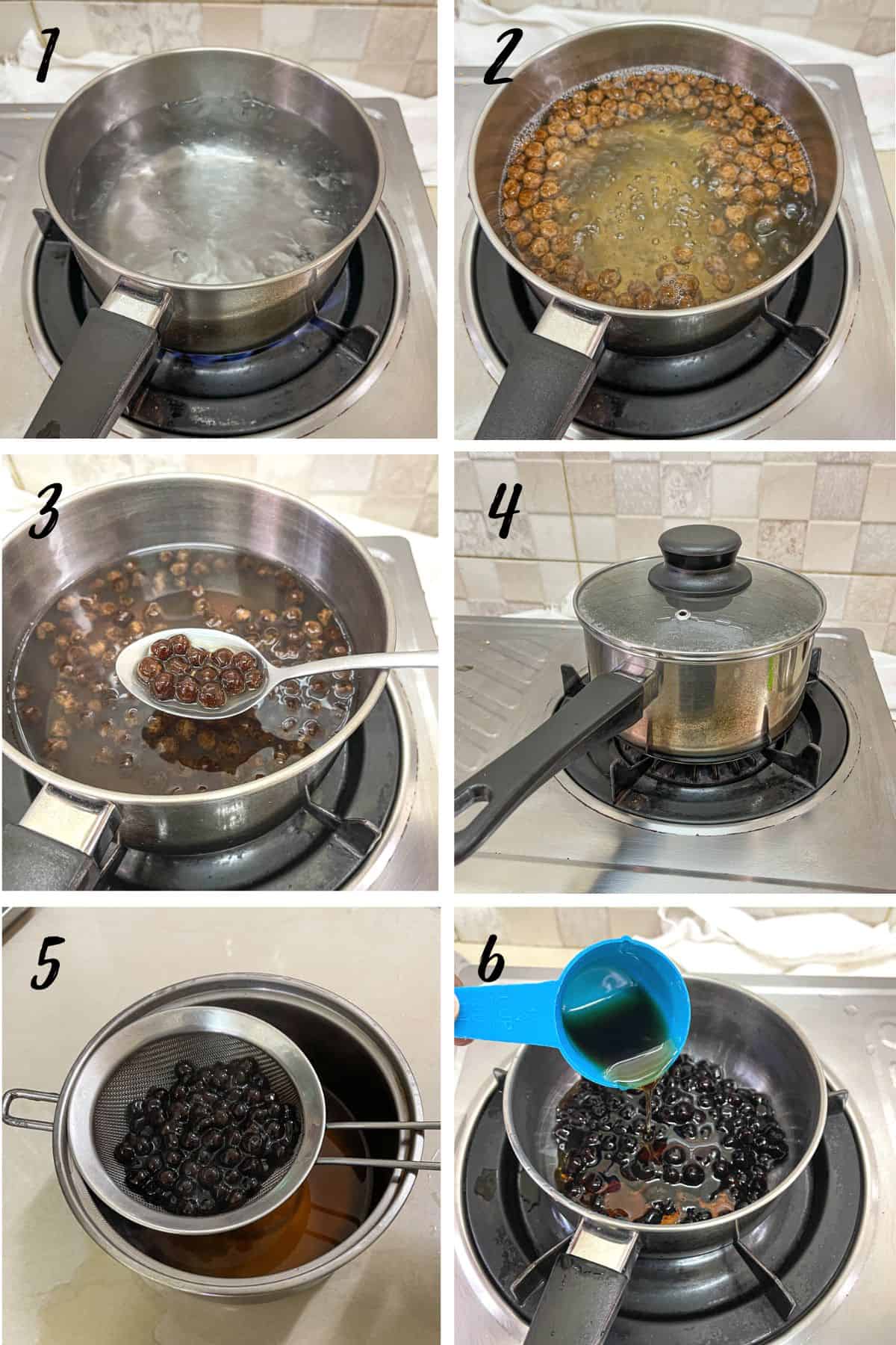 A poster of 6 images showing how to cook boba pearls in brown sugar syrup.