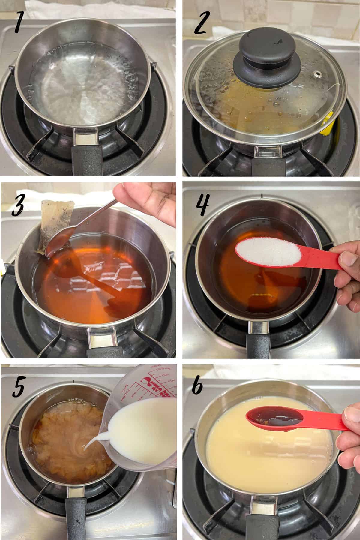 A poster of 6 images showing how to make milk tea.