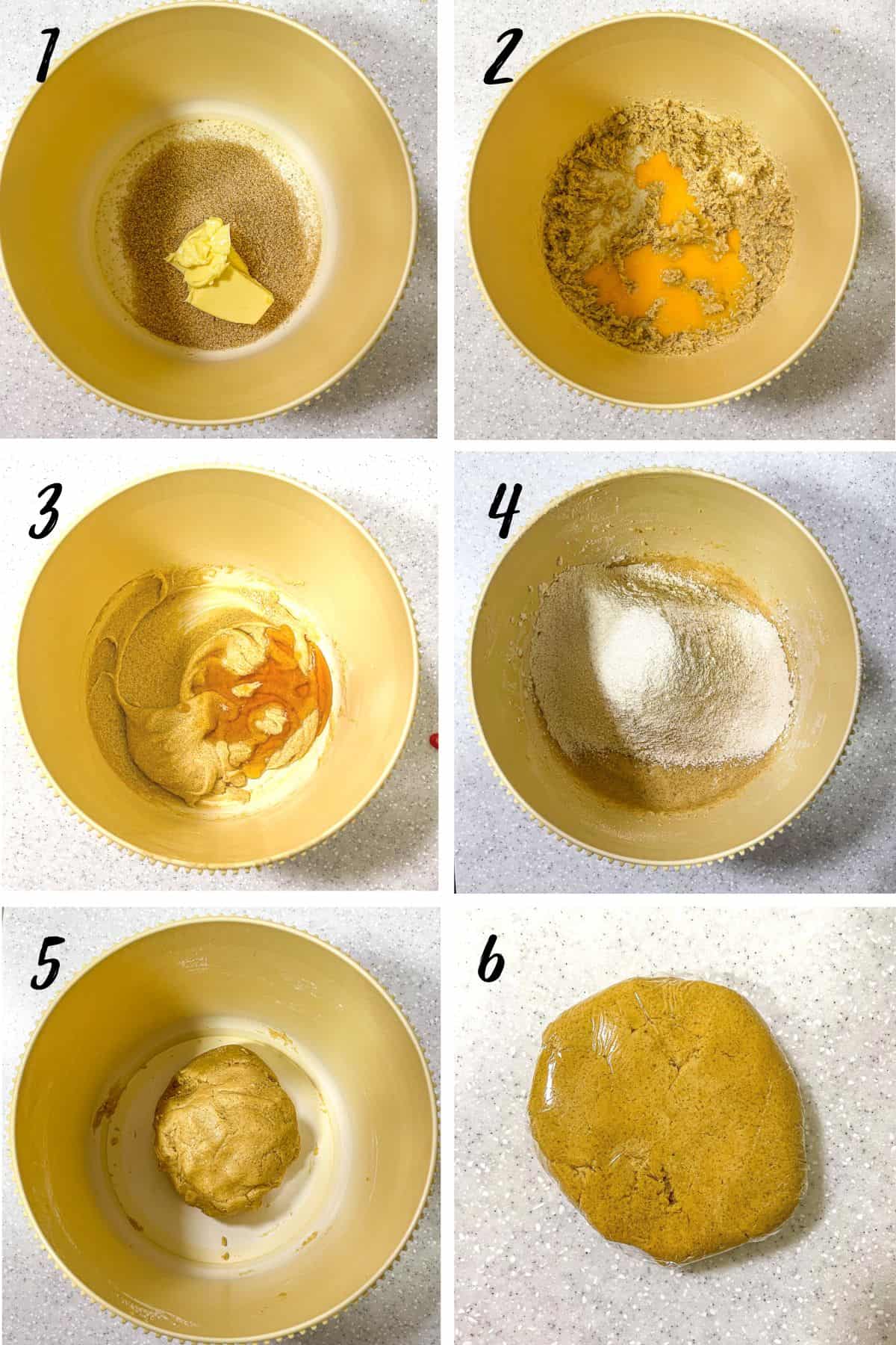 A poster of 6 images showing how to mix gingerbread cookies batter.