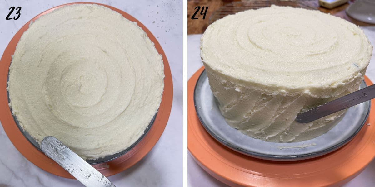 A white frosted cake with circular pattern embossed on top and slanting lines on the sides.