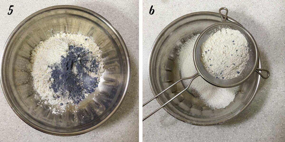 A bowl of flour, butterfly pea powder and cornstarch and a sieve filled with flour placed on top of a bowl.