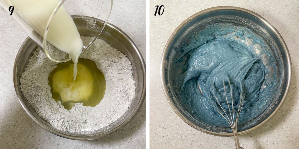 Pouring milk into the center of a bowl of flour and a bowl of blue cake batter with a hand whisk in it.